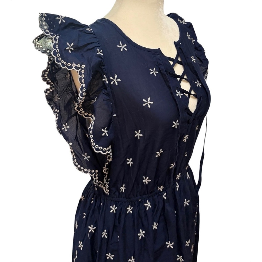 Gap Navy Blue Floral Embroidered Eyelet Midi Dress XS Cottagecore Boho Summer - Picture 5 of 11